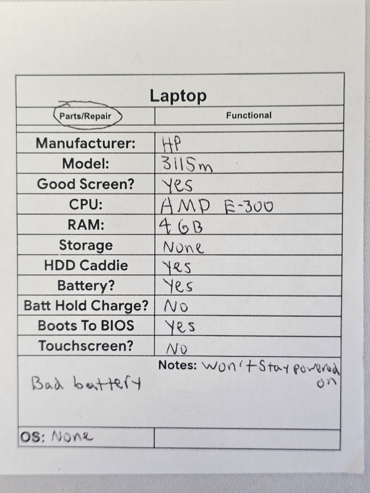 HP 3115m Laptop – AMD E-300 – 4GB RAM – WON’T STAY POWERED ON – Parts Read Desc.