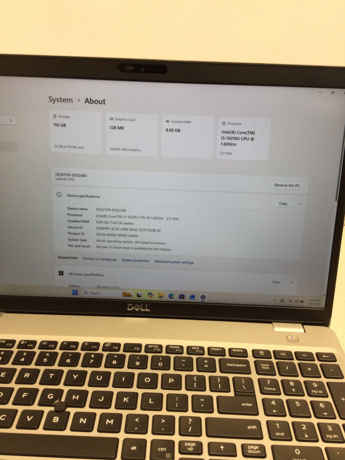 DELL latitude 5510 core i5 10th gen 1.60ghz 1`5.6” 8GB RAM 128GB SSD WIN 11 PRO