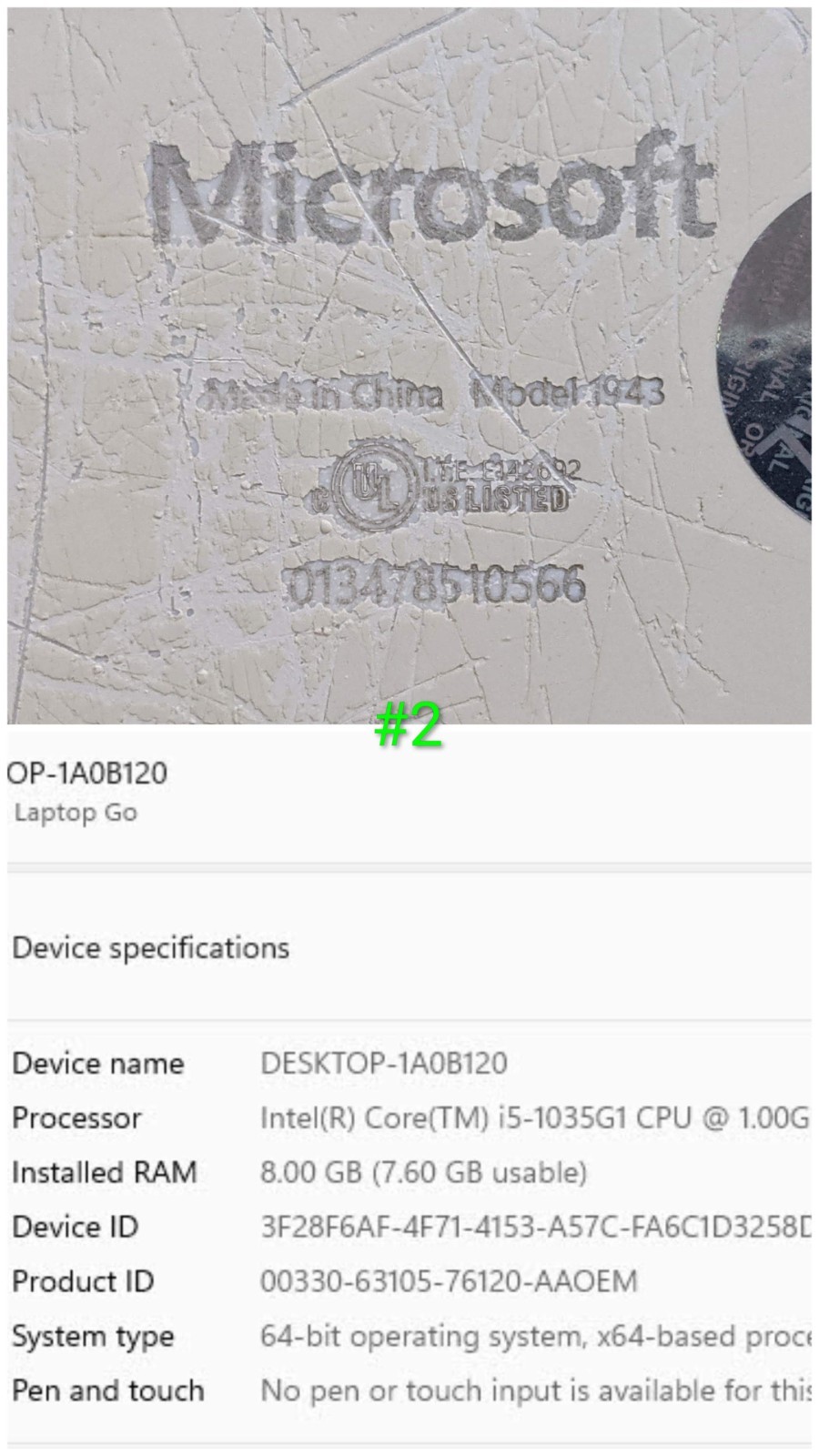 MS Surface Laptop Go 1943 12.4″1536×1024 i5-1035G1 1GHz 8GB 128GB W11P +PA AS-IS
