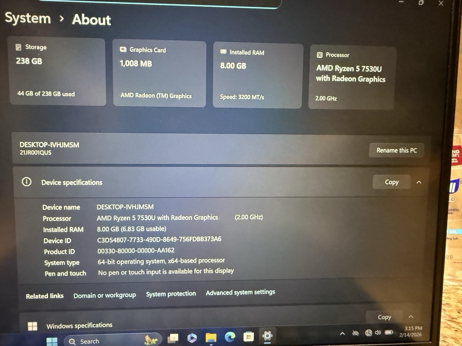 Lenovo ThinkPad E14 Gen 5 14″ AMD Ryzen 5 7530U 8GB RAM 256GB SSD Windows 10