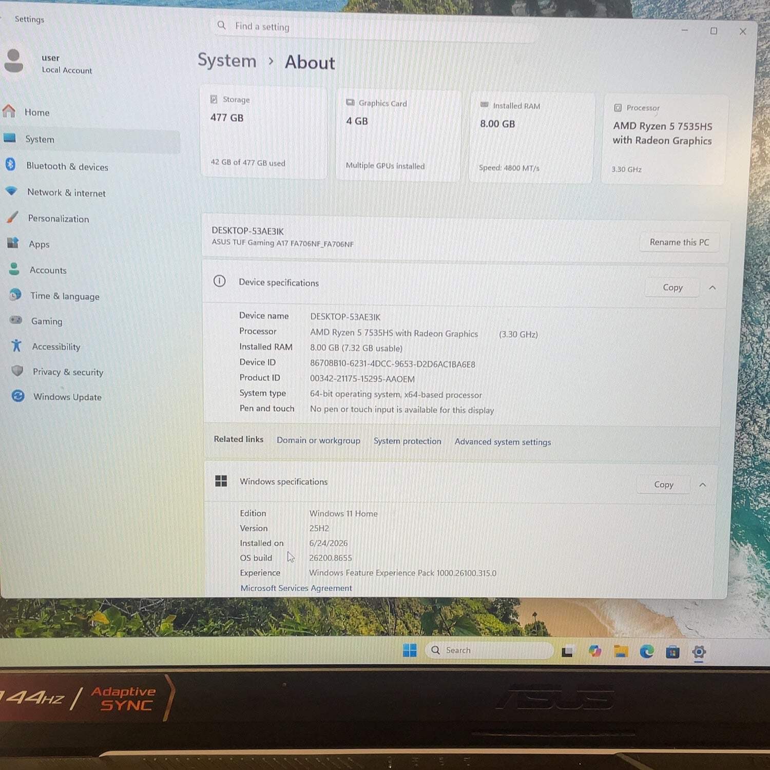 Asus TUF A17 FA706N 17.3″ Ryzen 5 7535HS 8GB RAM 512GB SSD GeForce RTX 2050