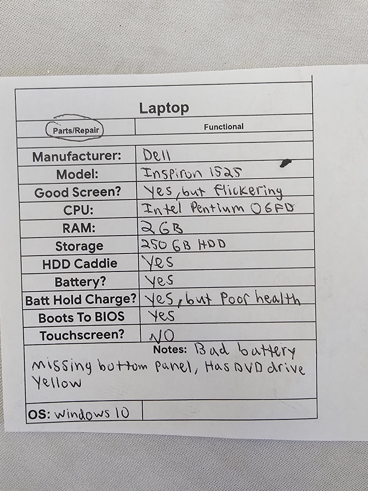 Dell Inspiron 1525 Laptop – 2GB RAM – 250GB HDD – Win 10 – Parts – Read Desc.