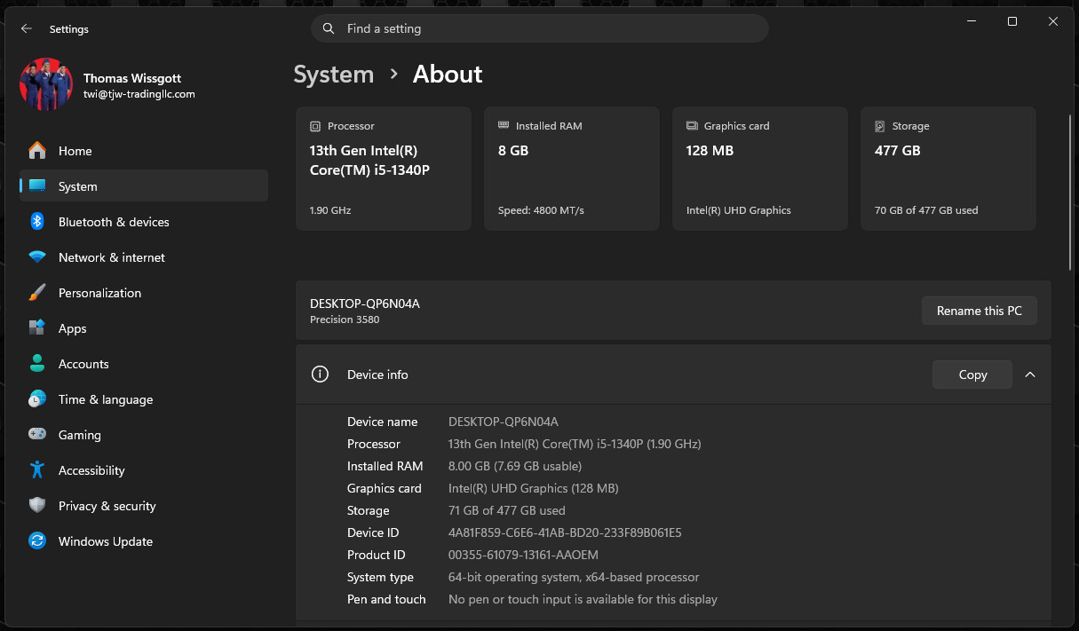 Dell Precision 3580 | CORE i5-1340P @ 1.90GHZ | 512GB SSD | 8GB RAM | Win 11 Pro