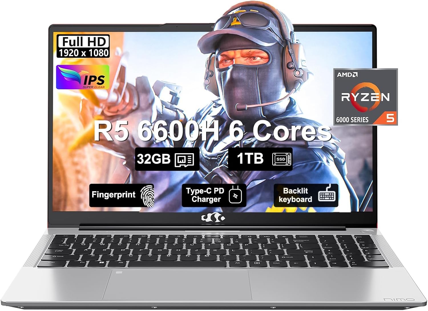 Nimo Laptop 15.6″FHD Business Gaming Laptop 6-Cores AMD Ryzen 5 6600H 32GB 1TB
