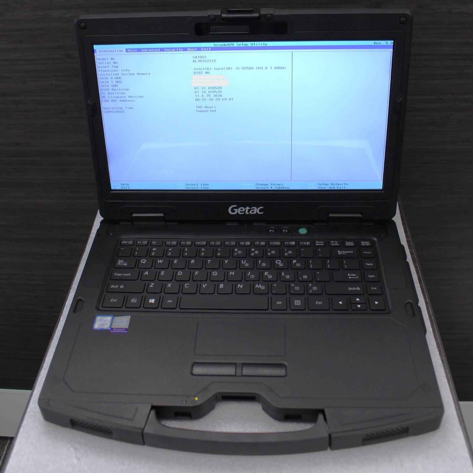 Getac S410 G2 14″ Touch, i5-8250U 8GB DDR4 256GB SSD, Backlit KB, Win 11 Pro.