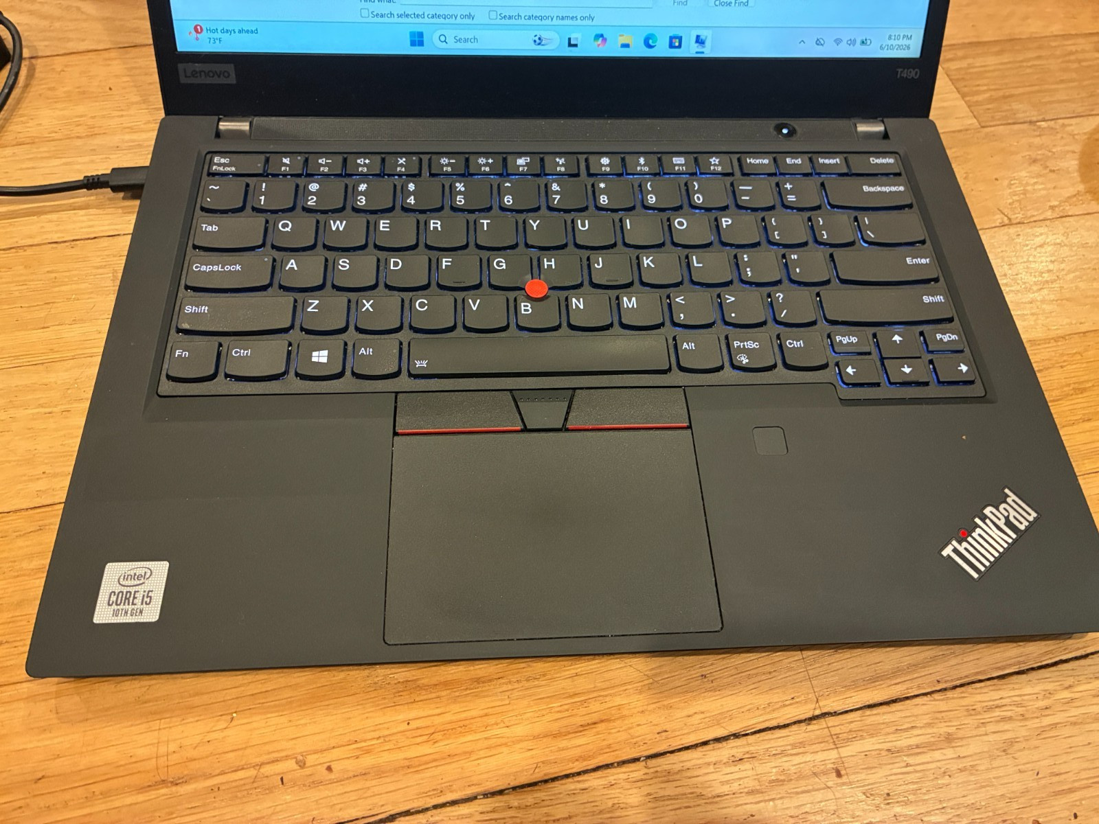 Lenovo ThinkPad T490 Core i5-10210U 1.60GHZ 8GB 256GB WCam Win 11 Pro Cord
