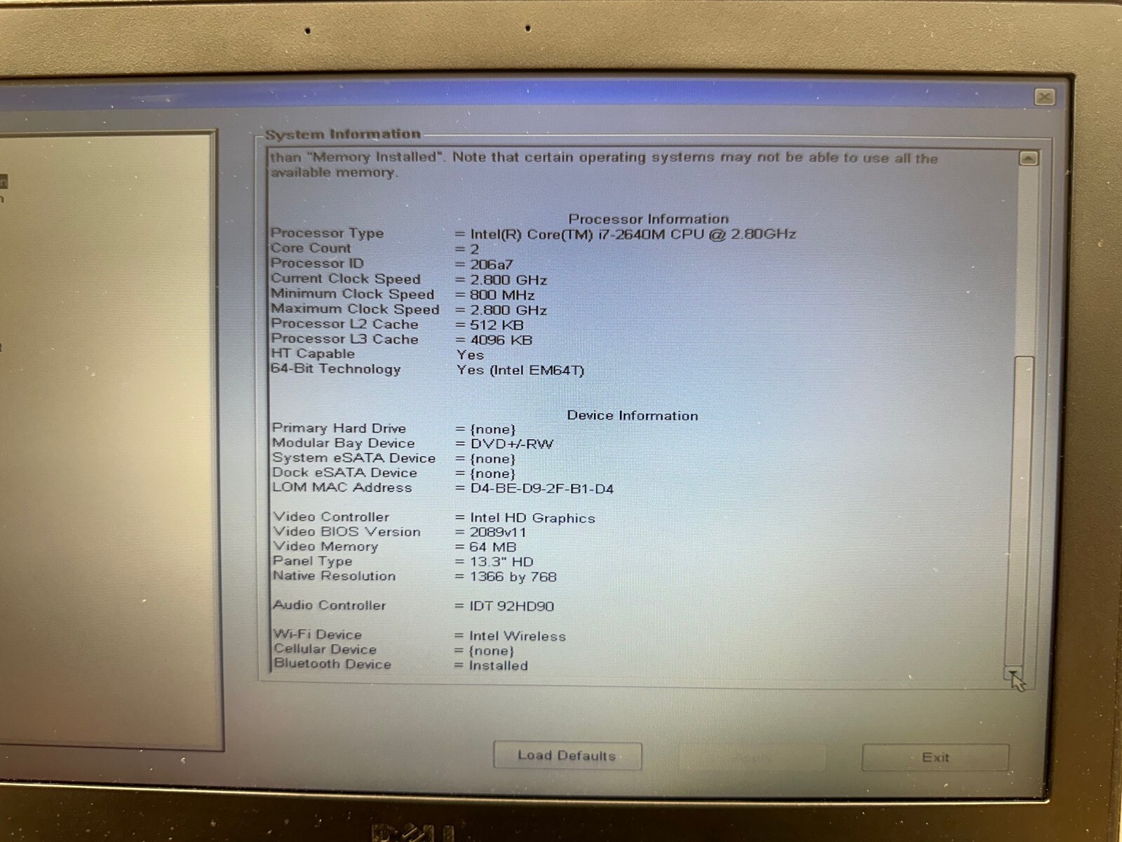 DELL NOTEBOOK NETBOOK LATITUDE E6320 13.3 Intel i7 2.80GHz 4GB RAM No HDD