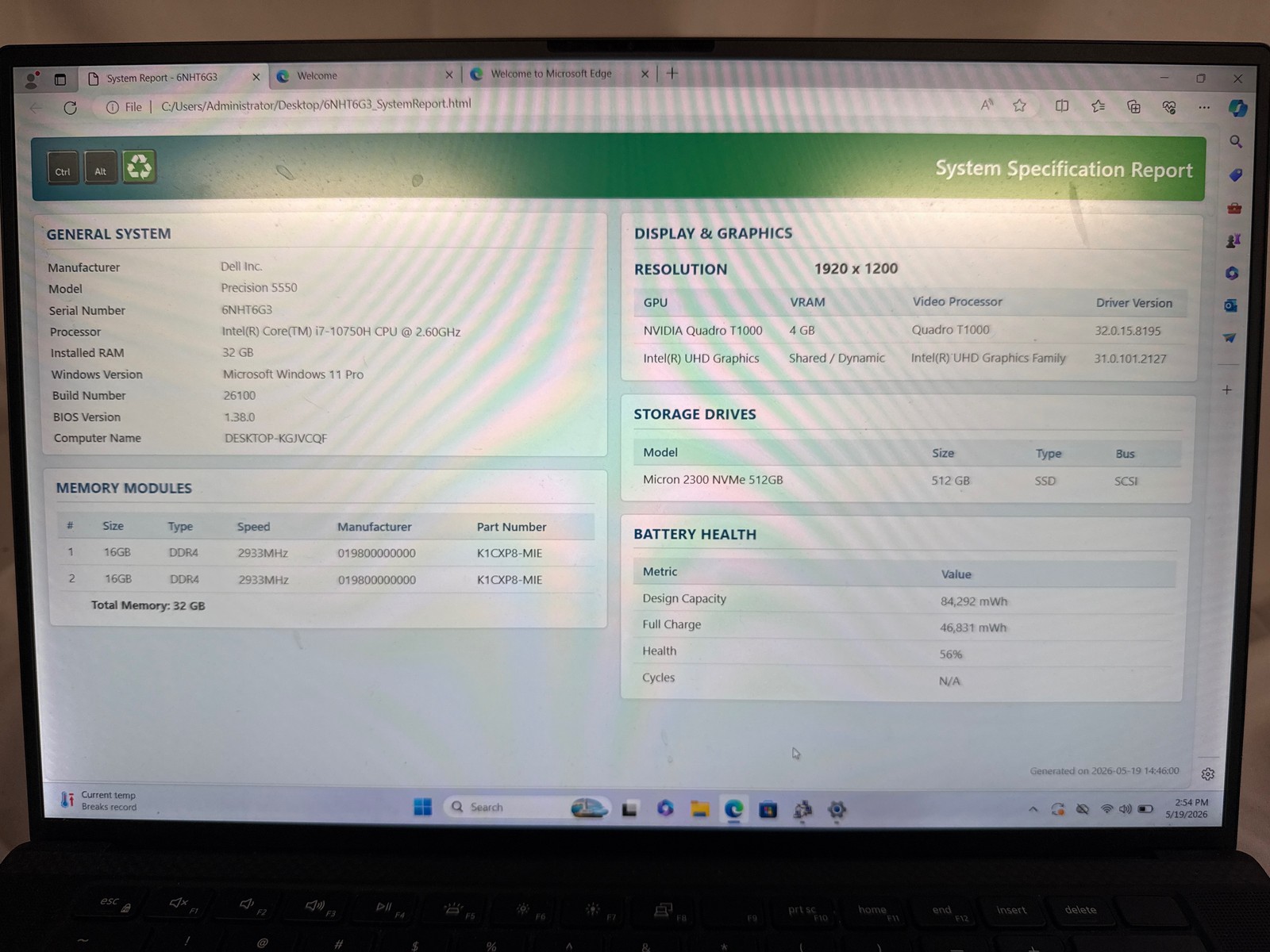 Dell Precision 5550 Intel Core i7-10750H @ 2.60GHz 32 GB 512 GB 15.6″