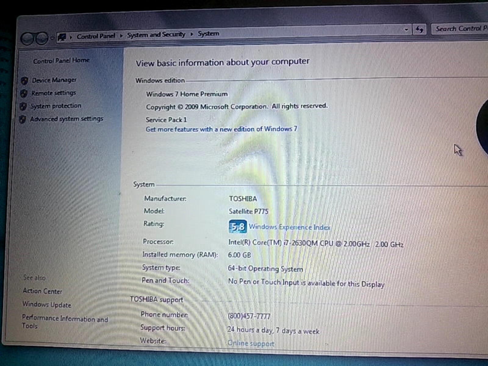 Toshiba Satellite p775-s7215 intel® Core™ i7-2630QM 2.0Ghz Quad Core 6GB Ram