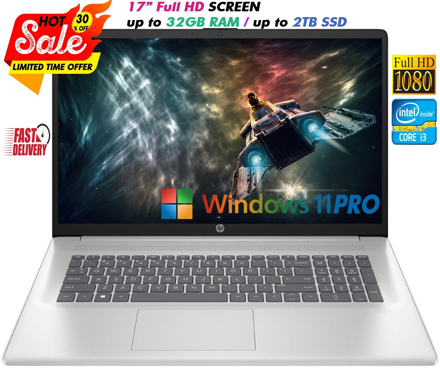 HP Laptop 17.3″ Full HD Intel i3-1215U Up to 32GB RAM & 2TB SSD Windows 11 Pro