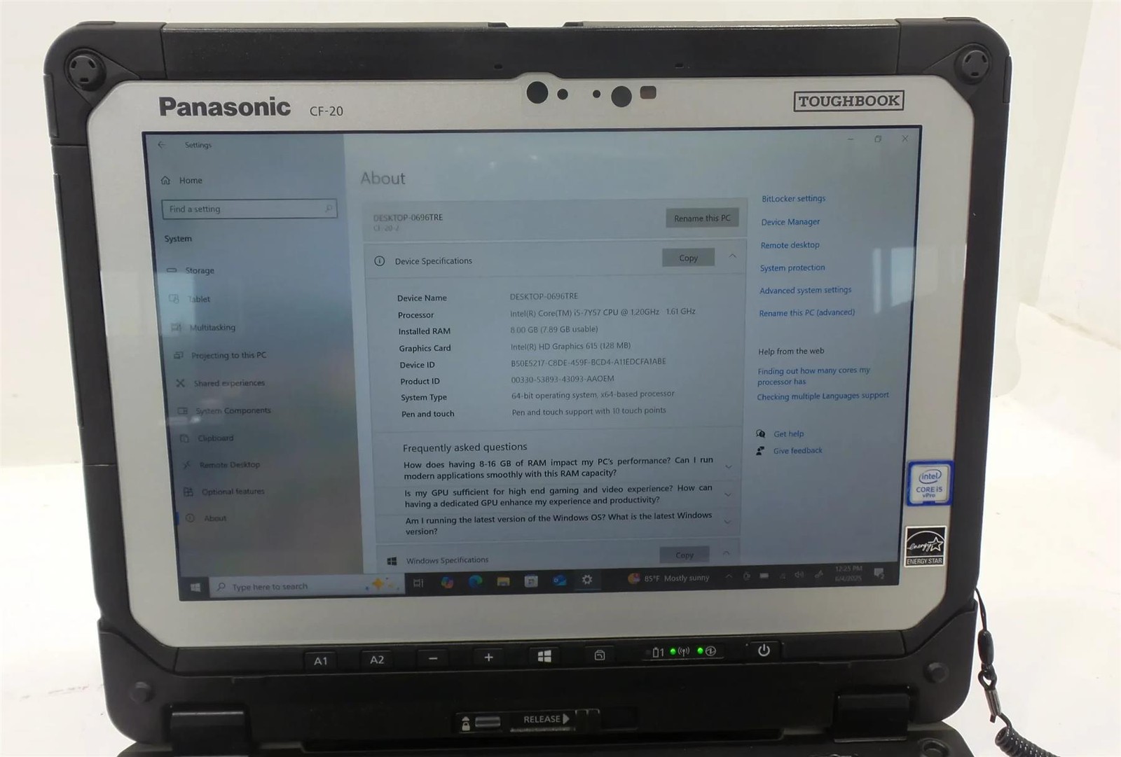 Panasonic Toughbook CF-20 Core i5-7Y57 1.2GHz 8GB 512GB SSD Win 10 Pro