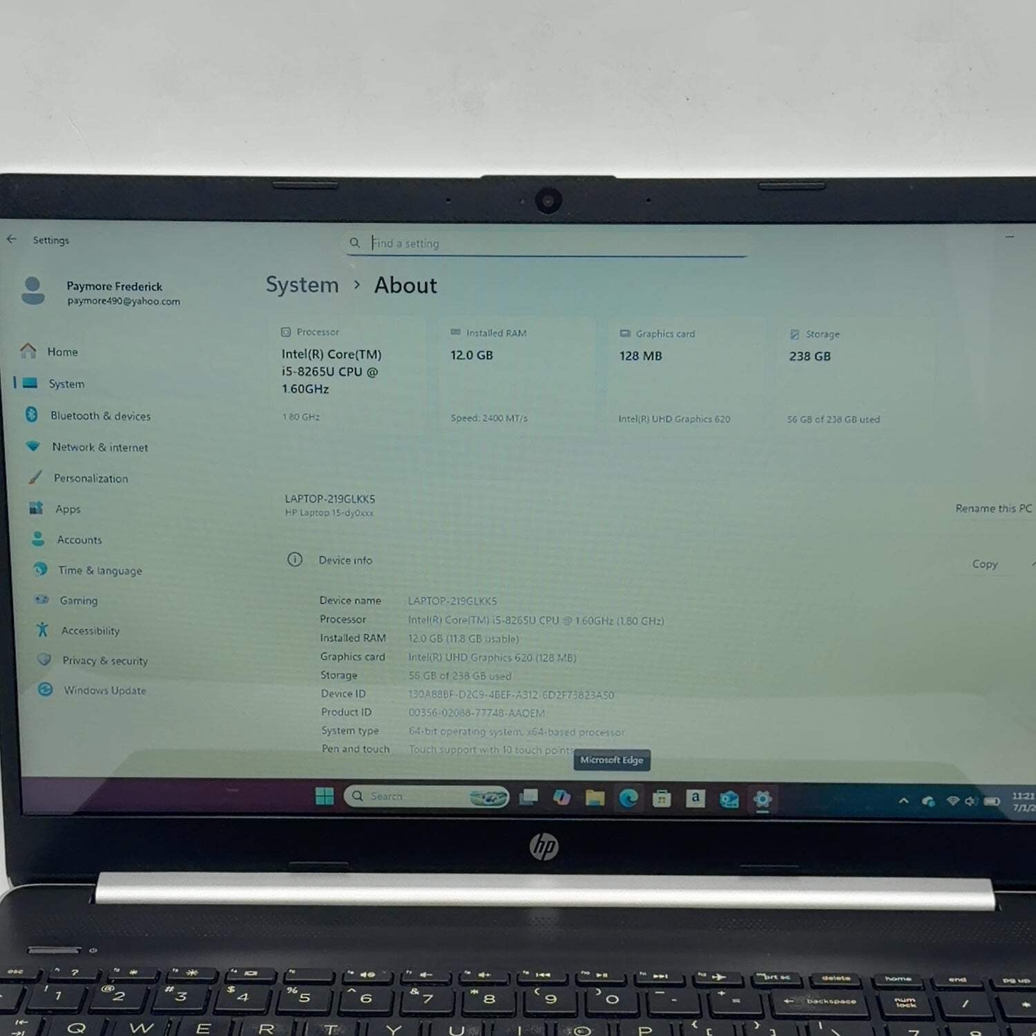 HP Laptop 15-DY0013DX 15.6″ i5-8265U 1.8GHz 12GB RAM 256GB SSD