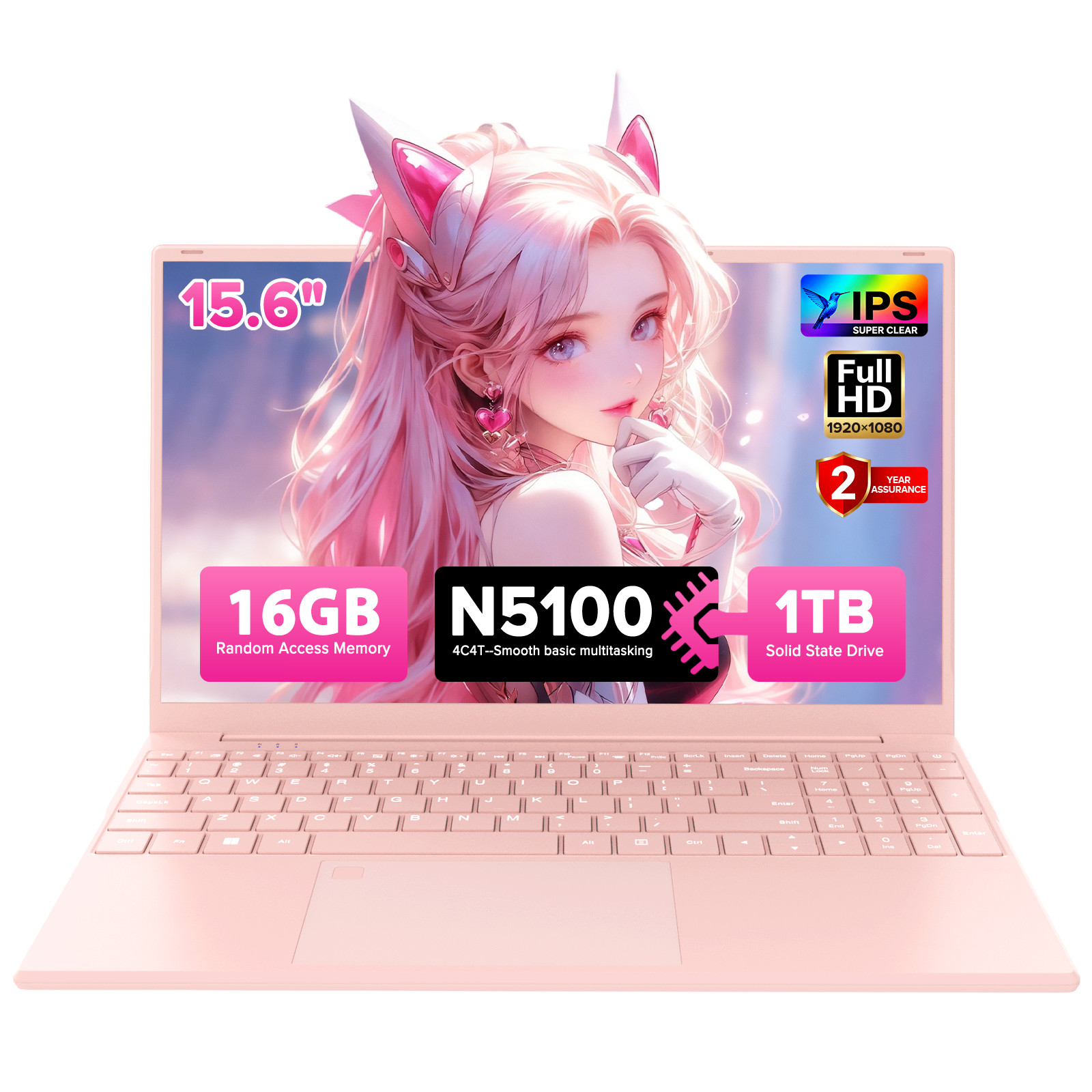 Auusda 15.6” laptop Intel N5100 16GB RAM 1TB SSD Windows 11 Pro BT WIFI Pink