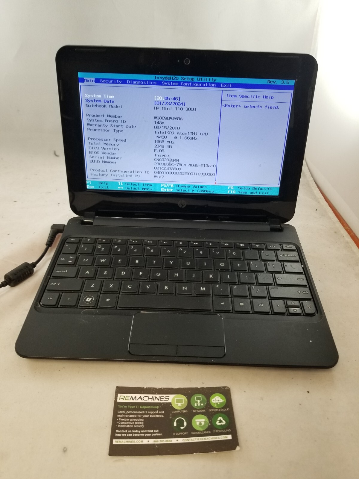 HP Mini 110-3000 10.5″ Netbook Intel Atom N450 1.66GHz 2GB No HDD