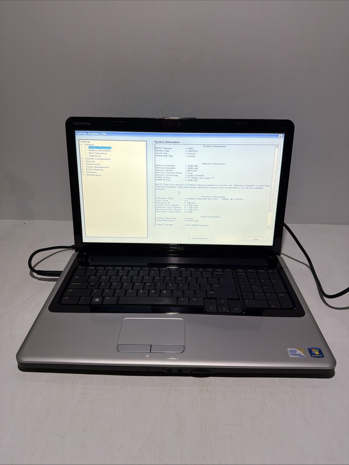 Dell Inspiron 1750 17″ Laptop Core 2 Duo T6600 2gb Ram NO Drives Boots Bios