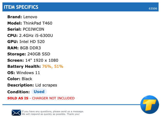 Lenovo ThinkPad T460 – 14″ FHD, 2.4GHz i5, 8GB RAM, 240GB SSD, Windows 11