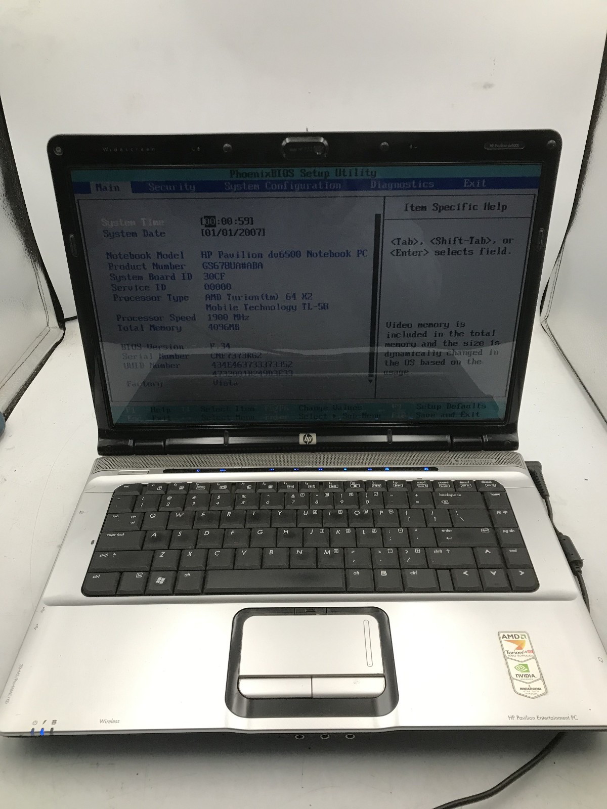 HP PAVILION DV6500 – BOOTS TO BIOS – AMD TURION 64 X2 – 4GB RAM – READ DESC – BB