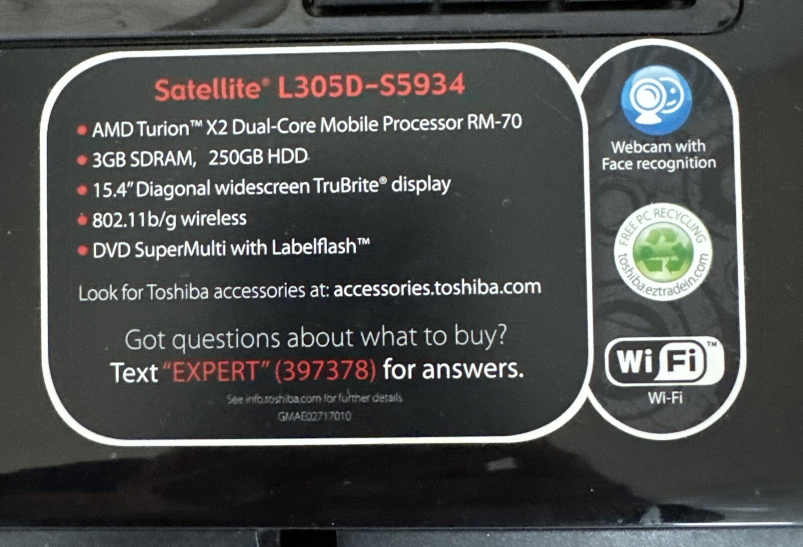 Toshiba Satellite Laptop PSLC8U-03701Q 3GB SDRAM 250GB Hard Drive Read