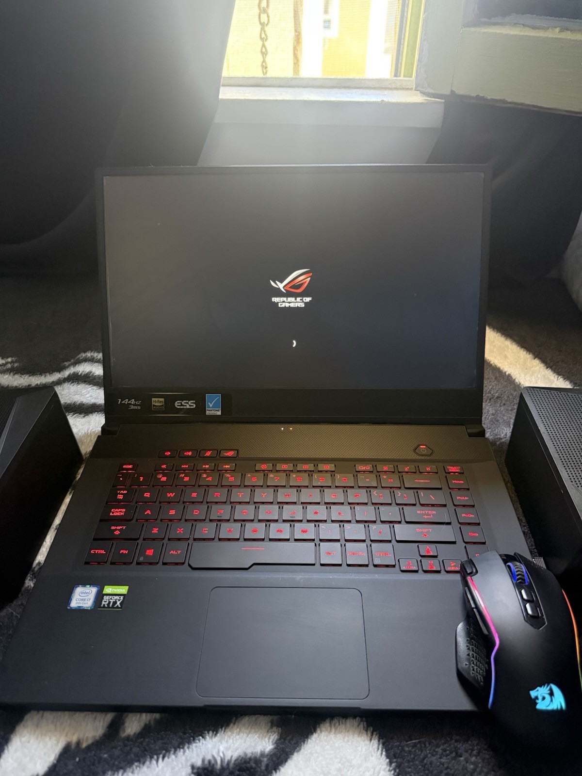 Asus gaming laptop, 2 red dragon speakers, red dragon wireless mouse, keyboard