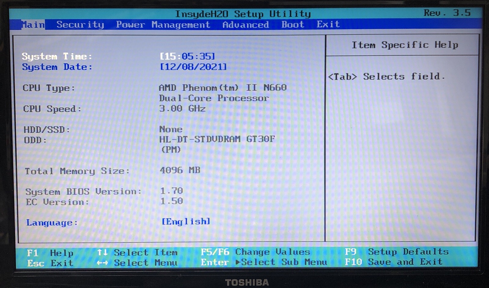 Satellite L655D-S5159 AMD Phenom II N660 CPU@3.00GHz 4GB boot to BIOS no HDD