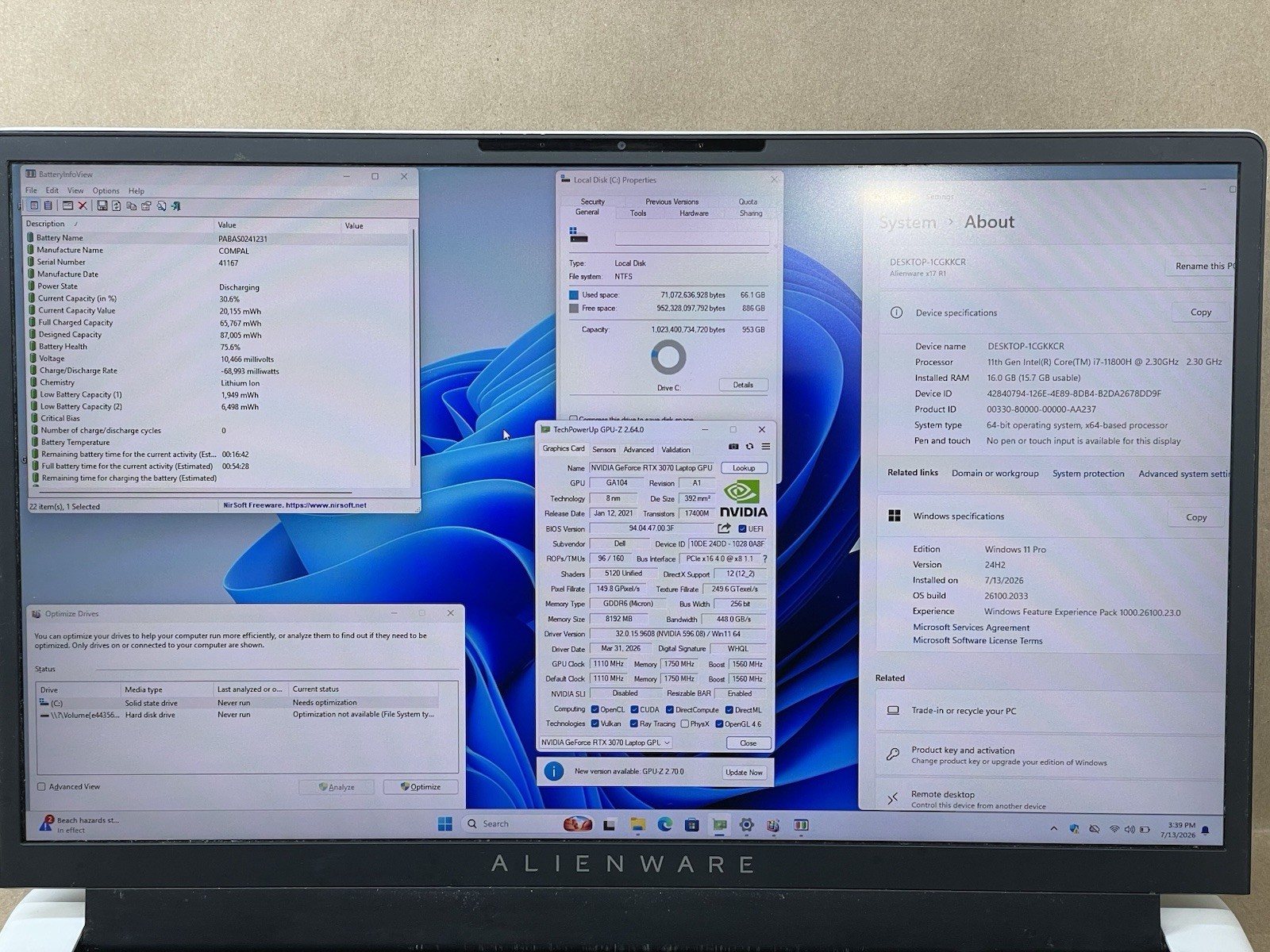 Alienware x17 R1 17.3″ i7-11800H@2.30GHz 16GB RTX3070 1TB SSD Win11