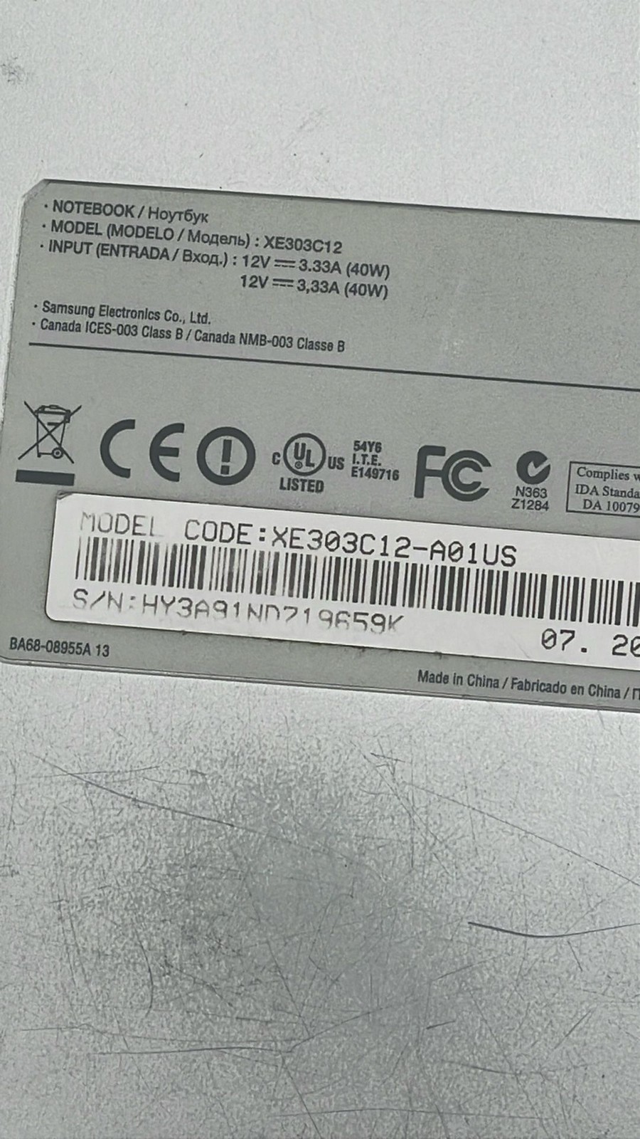 Samsung Chromebook XE303C12-A01US SN HY3A91ND719659K 11.6″Laptop