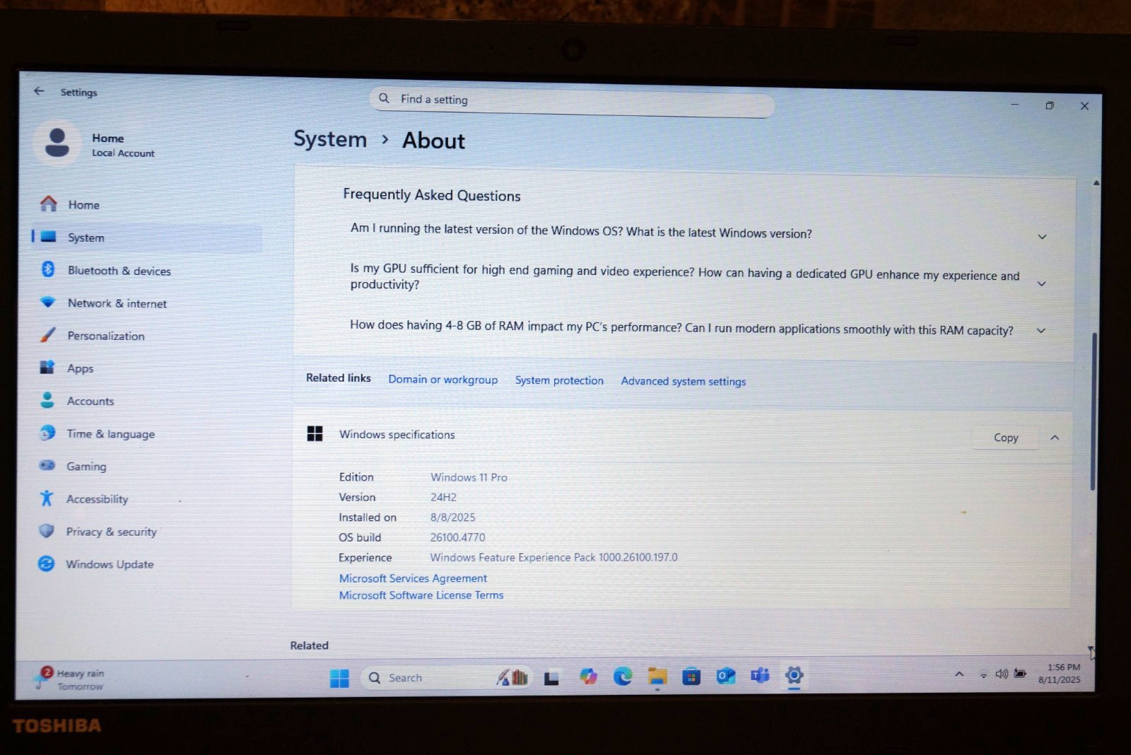 Active 24H2 WIN11 Pro Toshiba C55-C5381 Gen5 i7@2.40GHz,8GB RAM 480GB SSD