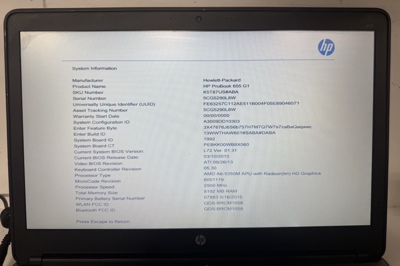 HP PROBOOK 655 G1 Laptop AMD A6-5350M@2.90Ghz 8GB RAM (NO HDD/AC) *READ* #0039