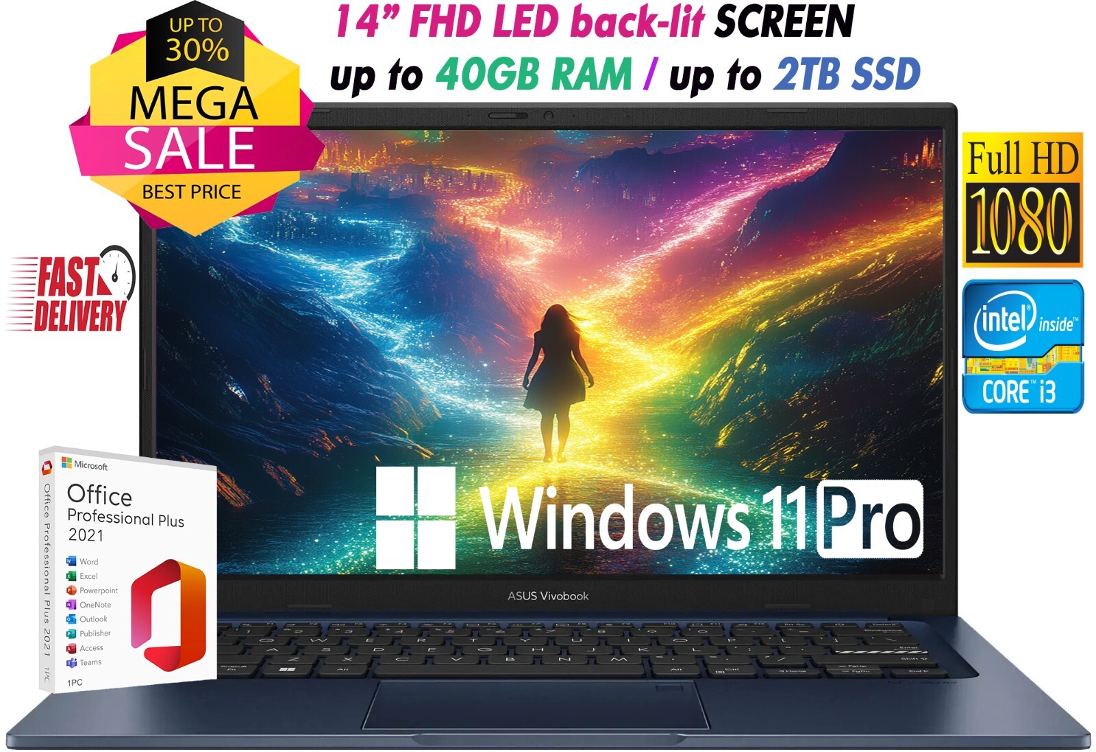ASUS Laptop 14″ FHD Intel i3-1215U Up to 40GB RAM & 2TB SSD Windows11 Pro+OFFICE