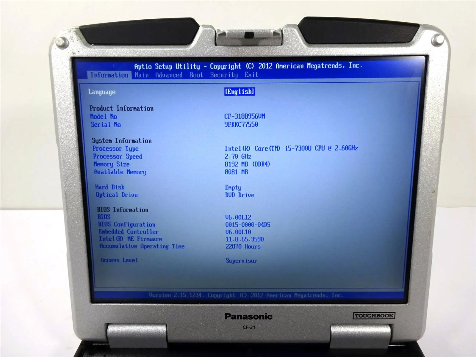 Panasonic Toughbook CF-31 MK6 Core i5-7300U 2.6GHz 8GB RAM – No HDD