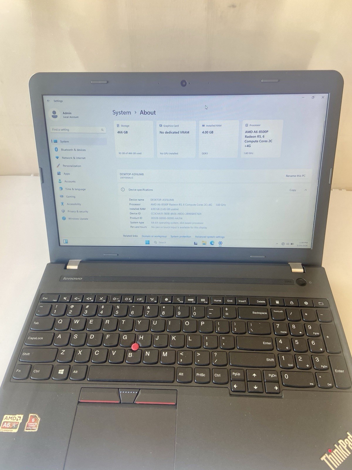 LENOVO ThinkPad E565 Laptop AMD A6-8500P RADEON R5 4GB RAM 500GB Hard Drive