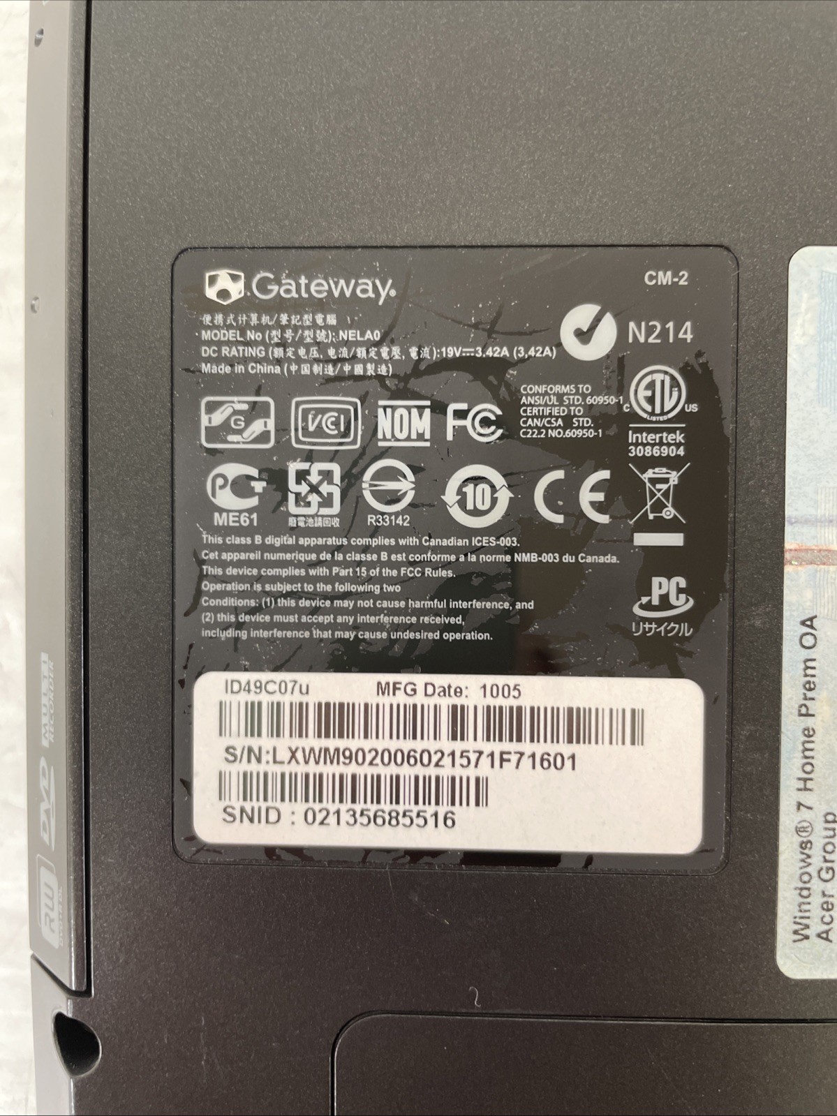 Gateway NELA0 ID49C07U 14″ Intel Core i3-350M 2.27GHz 4GB RAM 500GB HDD Win10