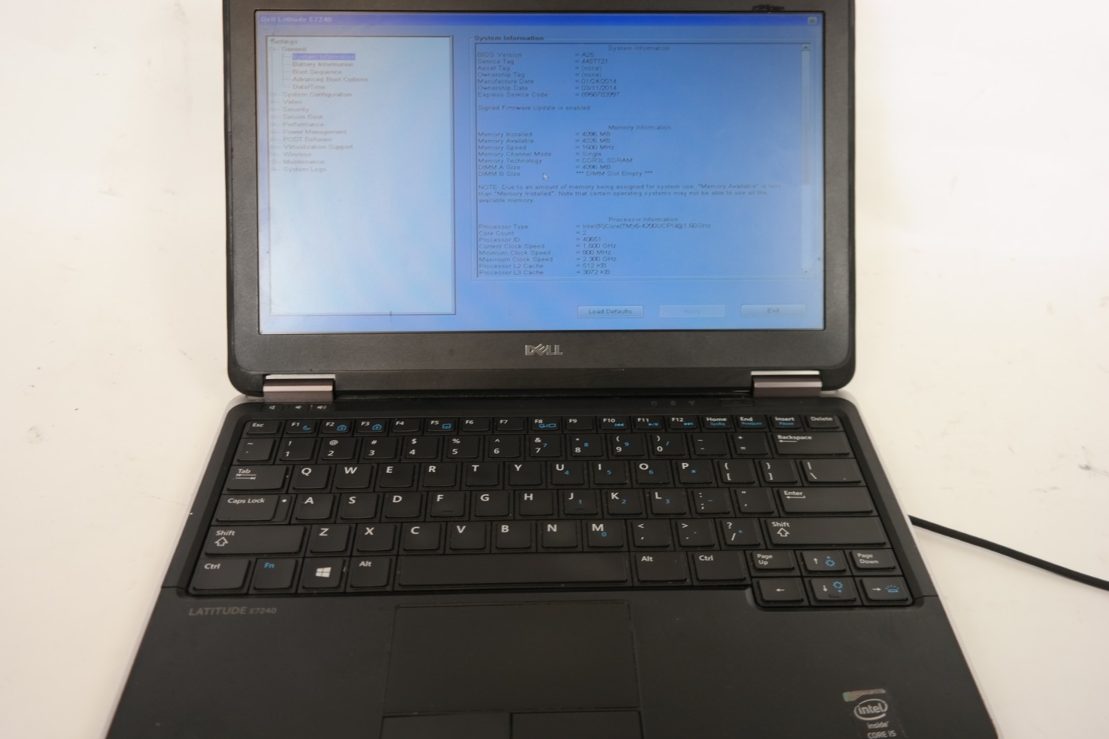 Dell Latitude E7240- intel i5 – 4GB RAM – No HDD – Boots to bios