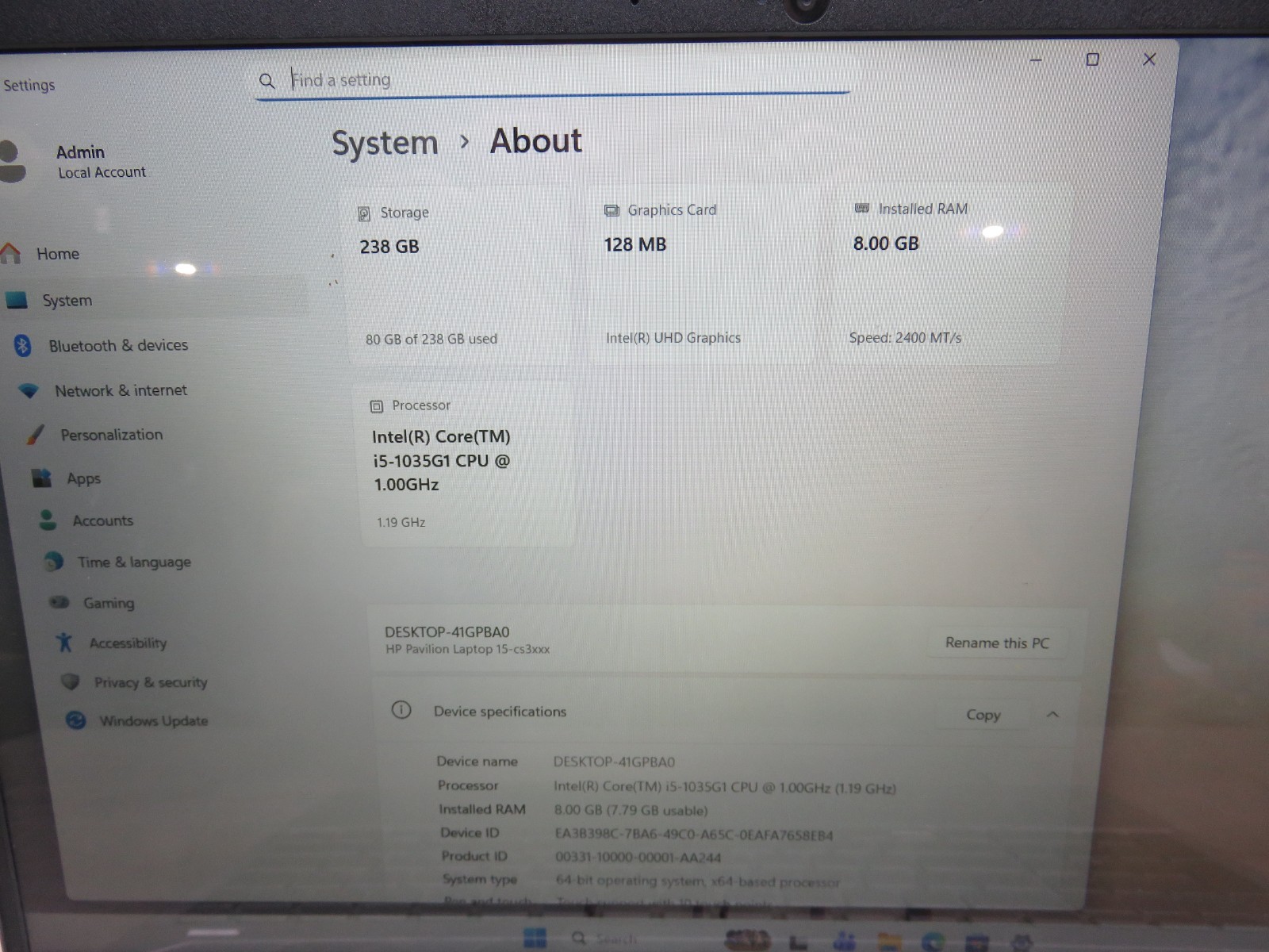 HP Pavilion 15-cs3063cl TOUCH FHD i5-1035G1 8GB 256GB Win 11 pro