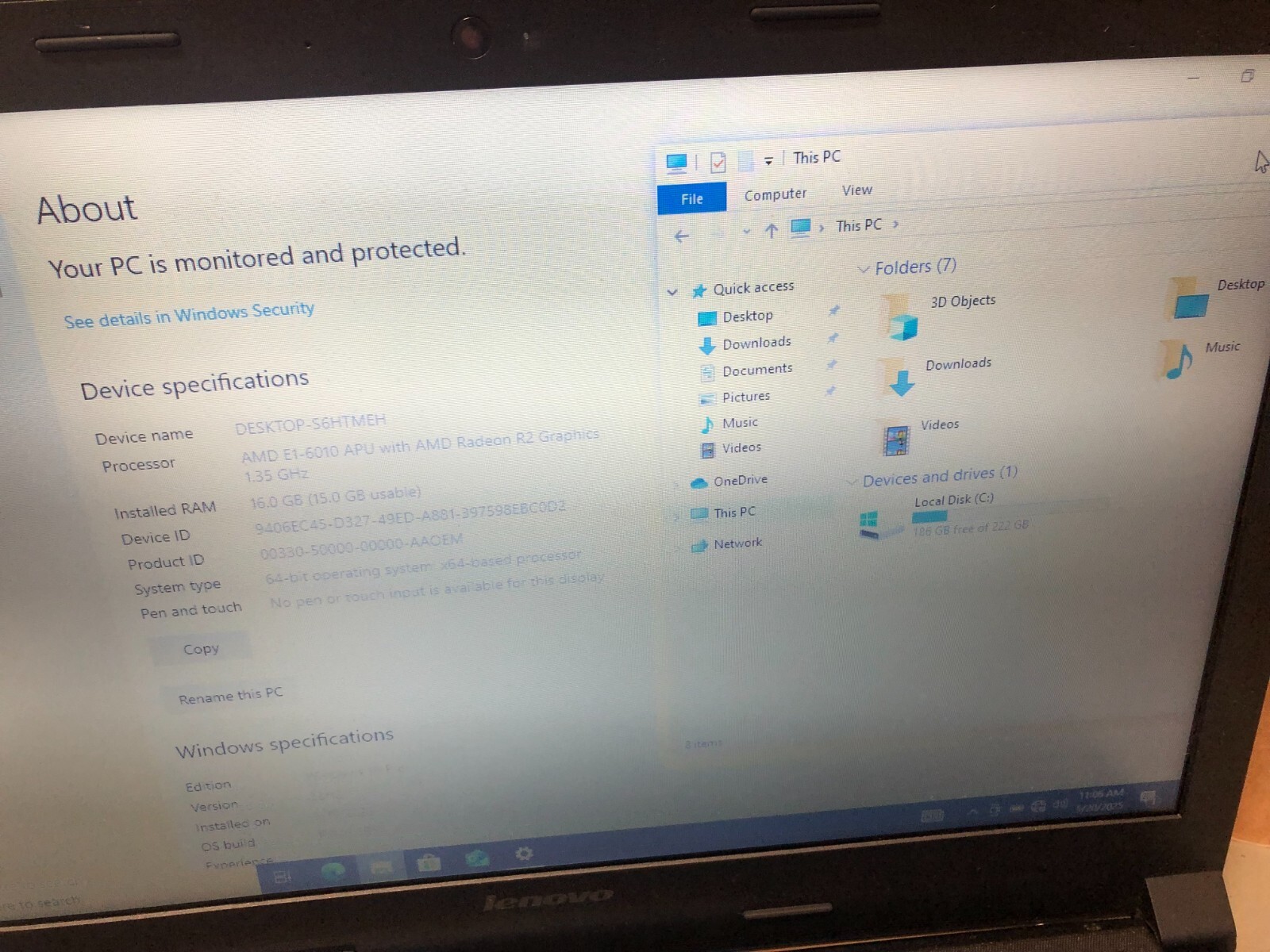 Lenovo B50-45 Model 20388 Laptop – AMD E1-6010 – 16GB Ram – 240GB SSD – Win 10