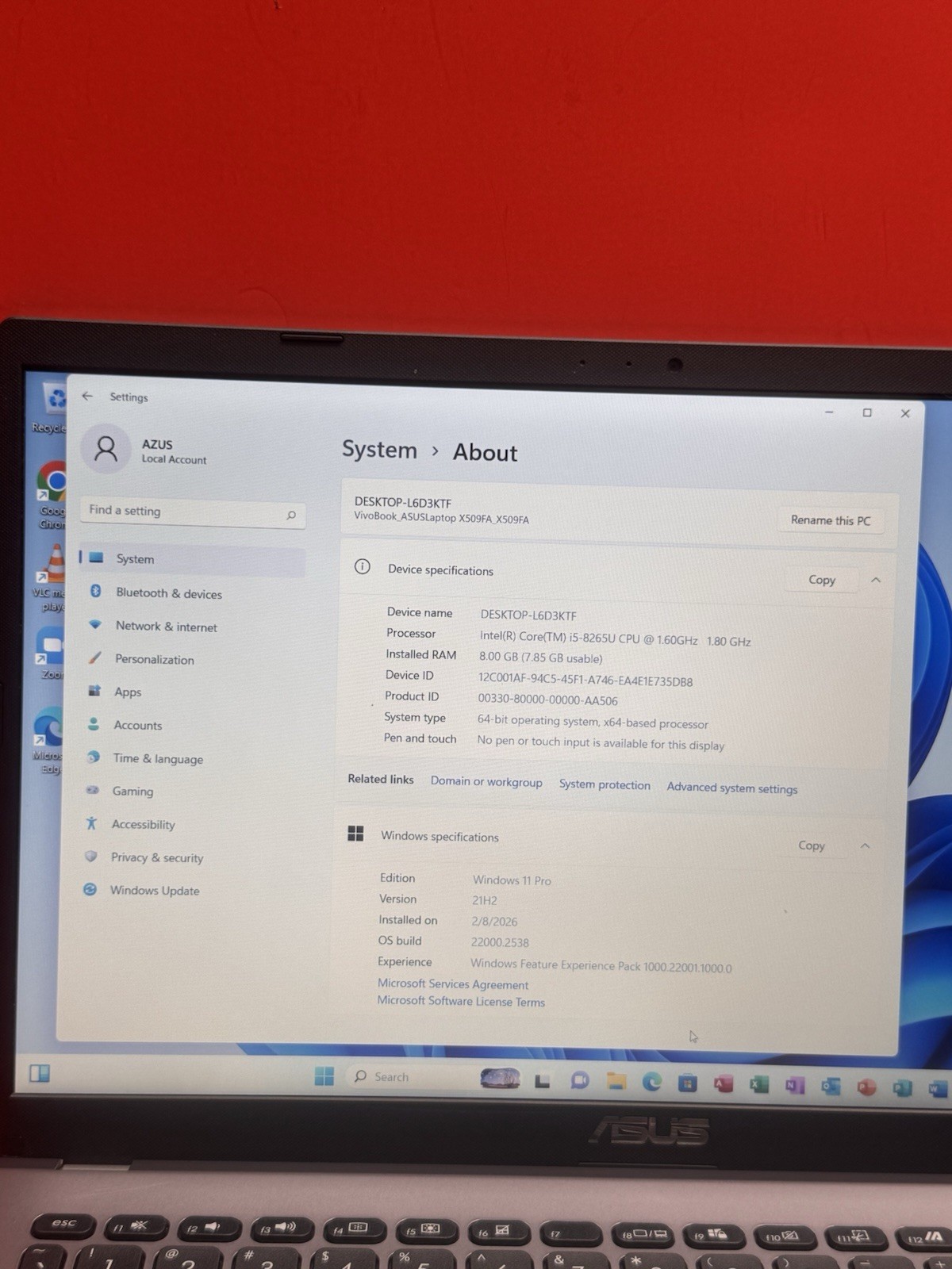 asus vivobook 15.4” X509FA 8th i5 1.6GHz-8GBRAN-256GBSSD Windows11pro