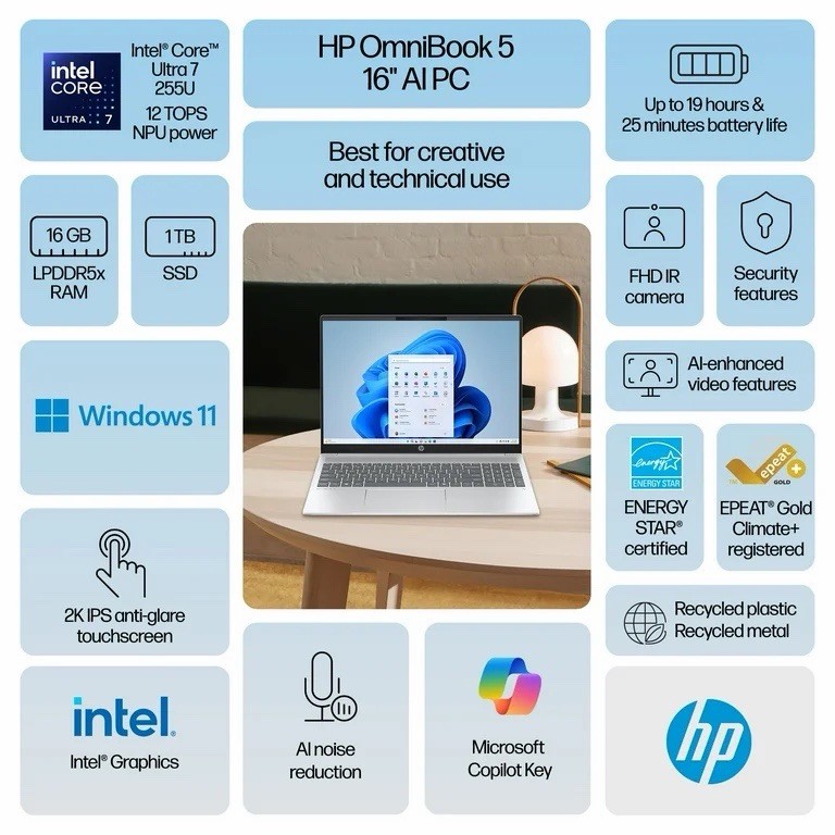 HP Omnibook 5 16″ 2K Touch Ultra 7 255U 16GB 1TB SSD New Sealed