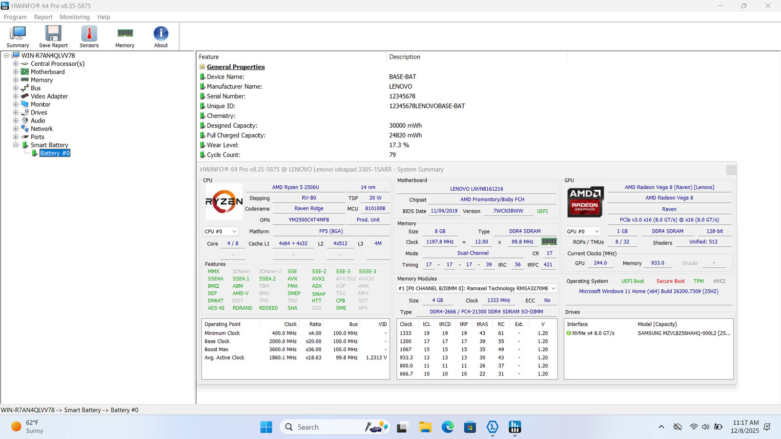 Lenovo IdeaPad 15″ FHD RYZEN 5 2500U VEGA MOBILE GFX 256GB 8GB W11 AMD Radeon