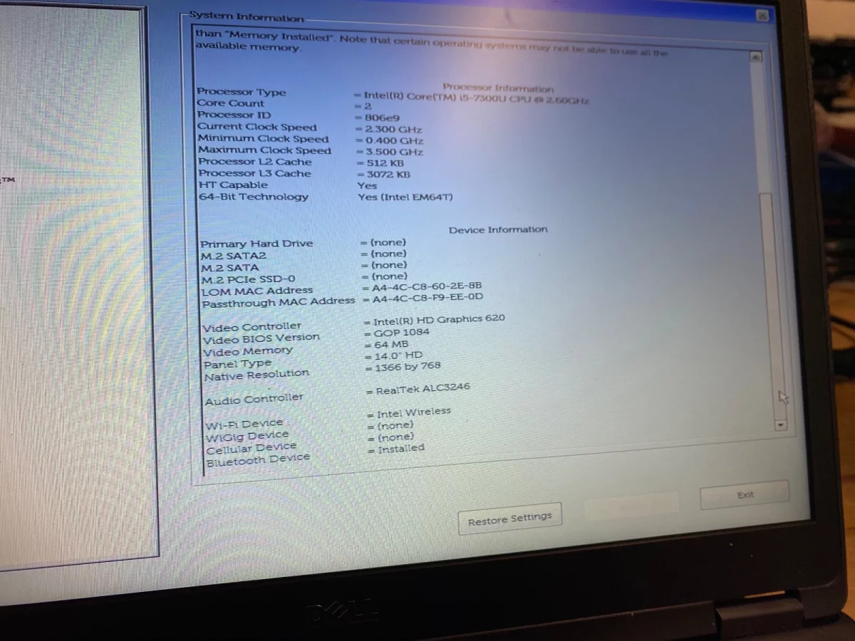 Dell Latitude 5480 i5-7300U 8GB RAM Laptop For Parts