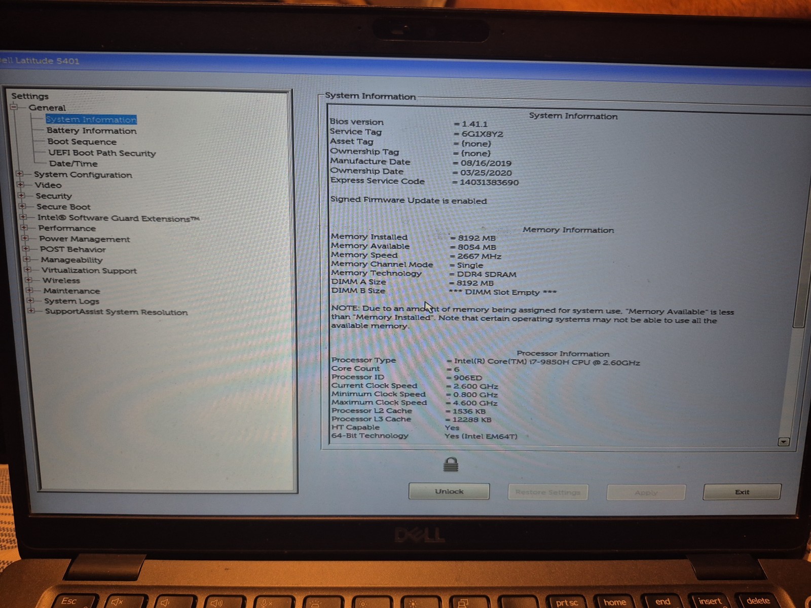 Dell Latitude 5401 14″ i7-9850H 8GB RAM No Drive PARTS BIOS LOCKED