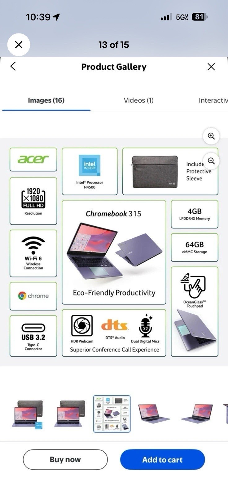 Acer Chromebook 315 15.6″ FHD Intel N4500 4GB 64GB eMMC Wi‑Fi 6 Purple