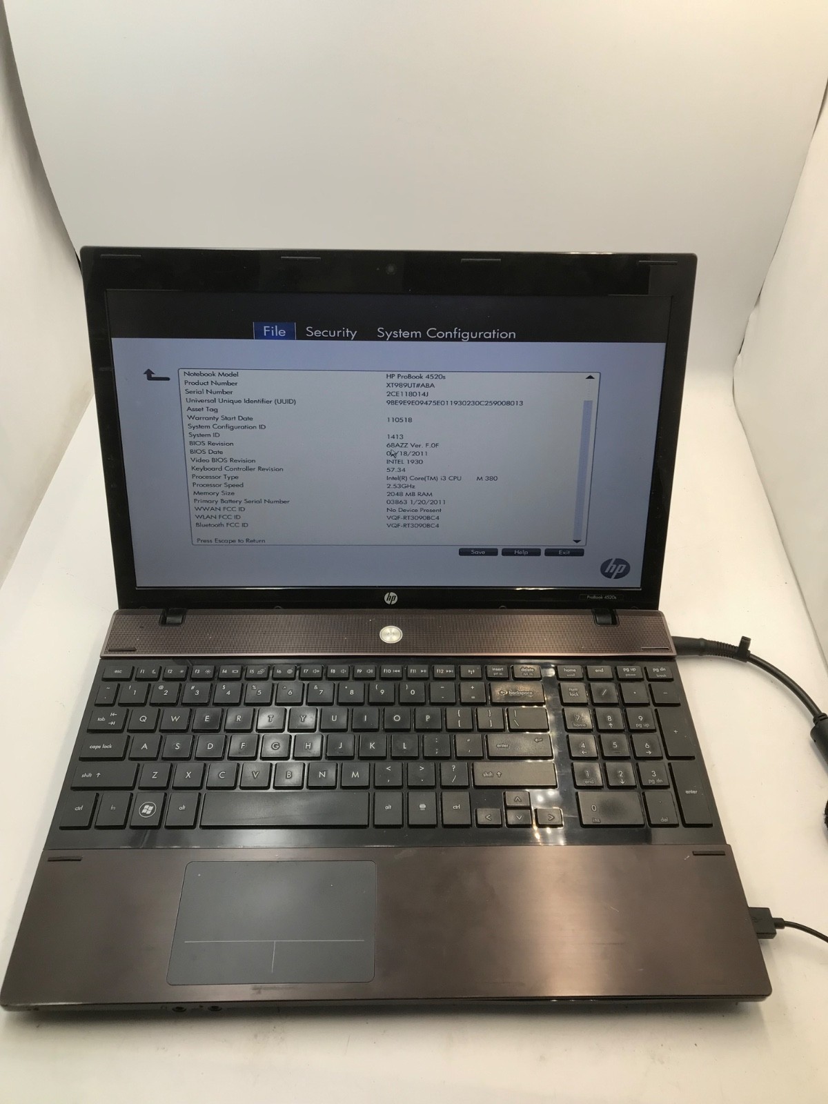 HP ProBook 4520S 15″ Laptop Intel Core i3-380M 4Gb RAM NO HDD- BOOTS TO BIOS
