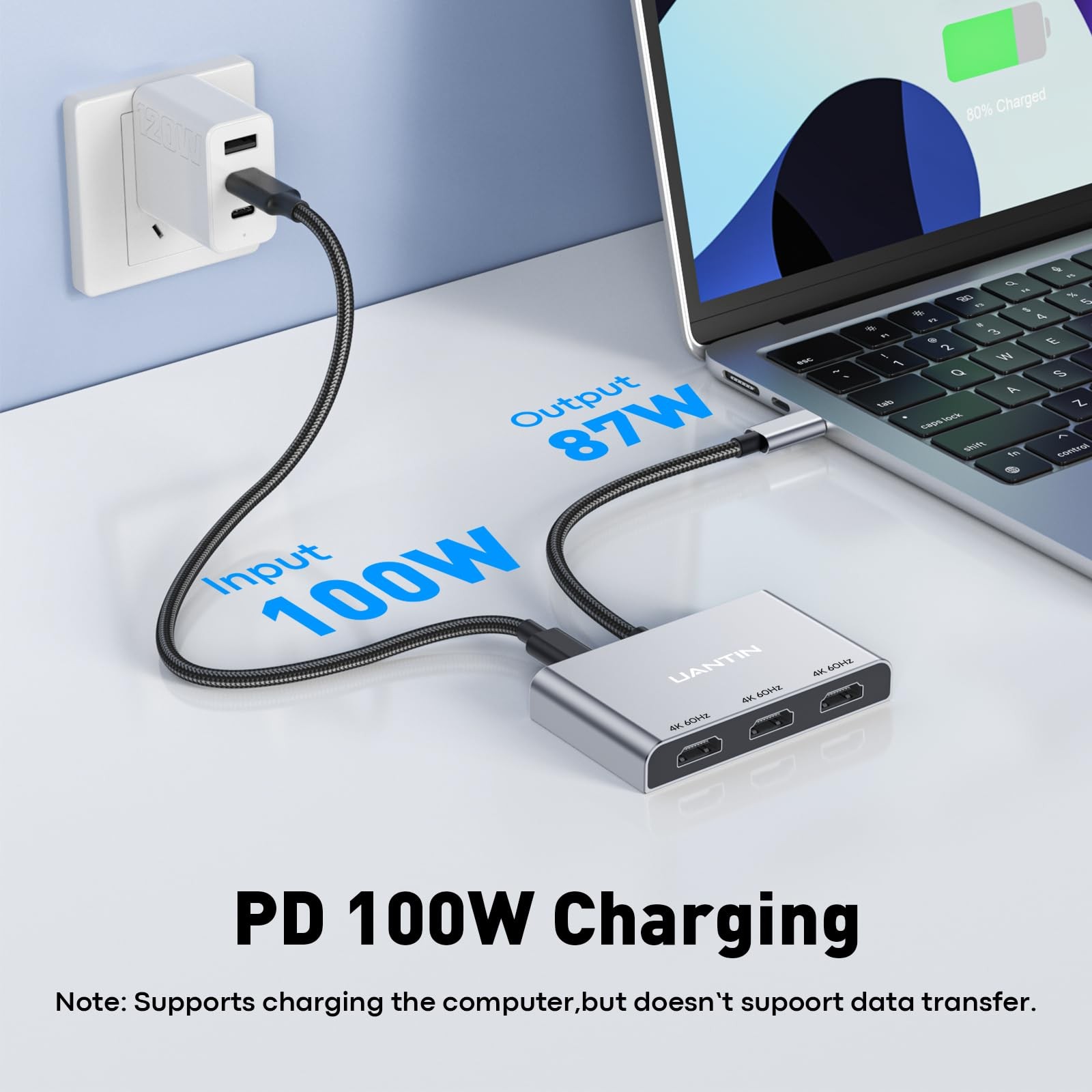 UANTIN USB C to 3 HDMI Adapter 4K@60Hz, 100W PD, Multi-Monitor Splitter