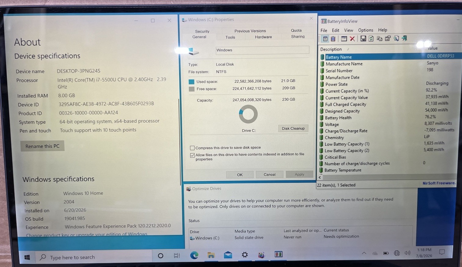 Dell XPS 13 9343, Intel Core i7-5500U @2.40GHz, 8GB RAM, 250 GB SSD, W10H*READ*