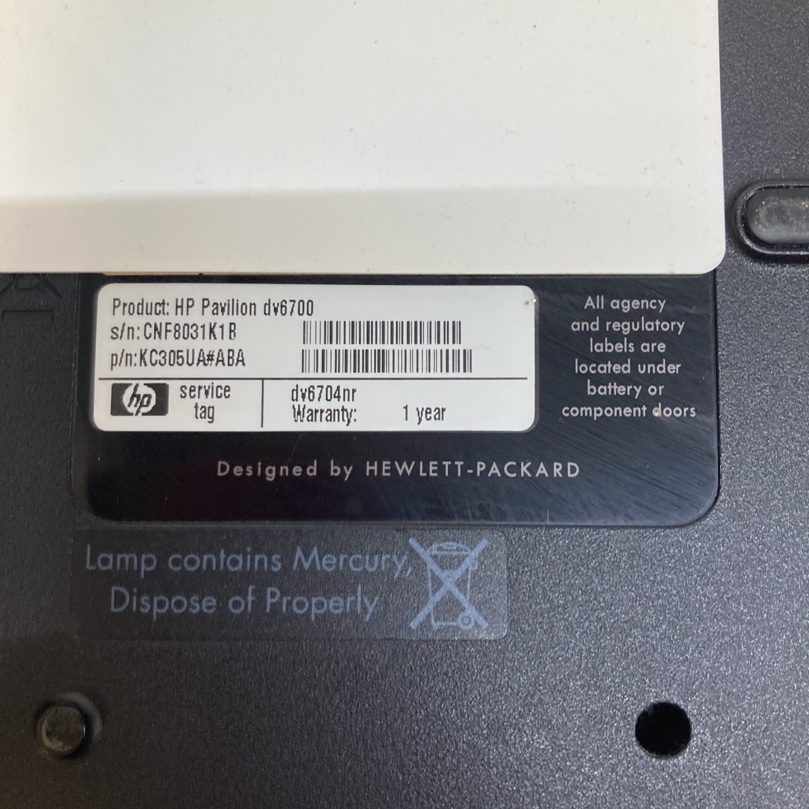 HP Pavilion dv6700-dv6747us AMD Athlon 64 X2 1.90GHz 2GB no HDD Boot to BIOS