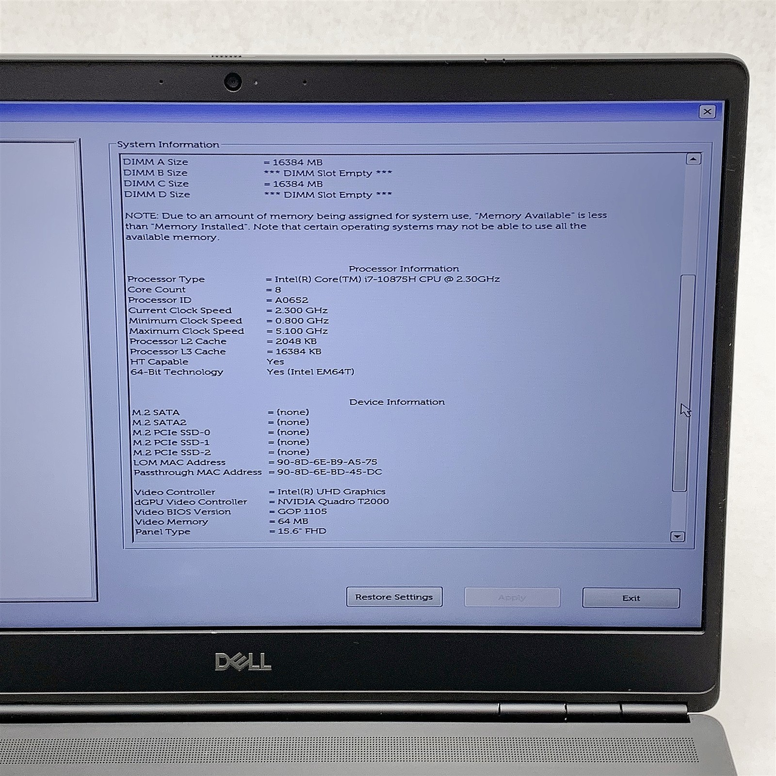 Dell Precision 7550 Laptop Intel Core i7 10875H 2.30GHZ 15.6″ FHD 32GB NO HDD