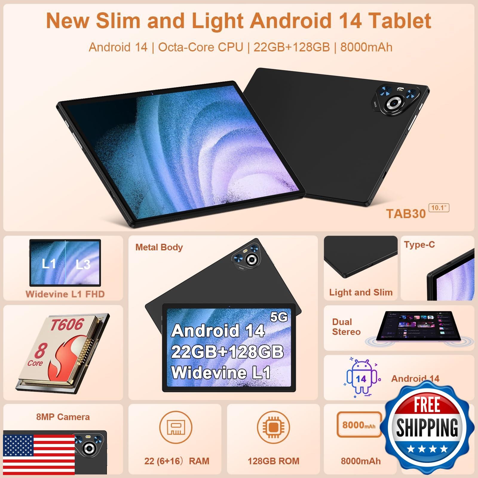 Dghrti 2025 Android 14 Tablet, 22GB RAM+128GB ROM+1TB Expand, 8000mAh Battery