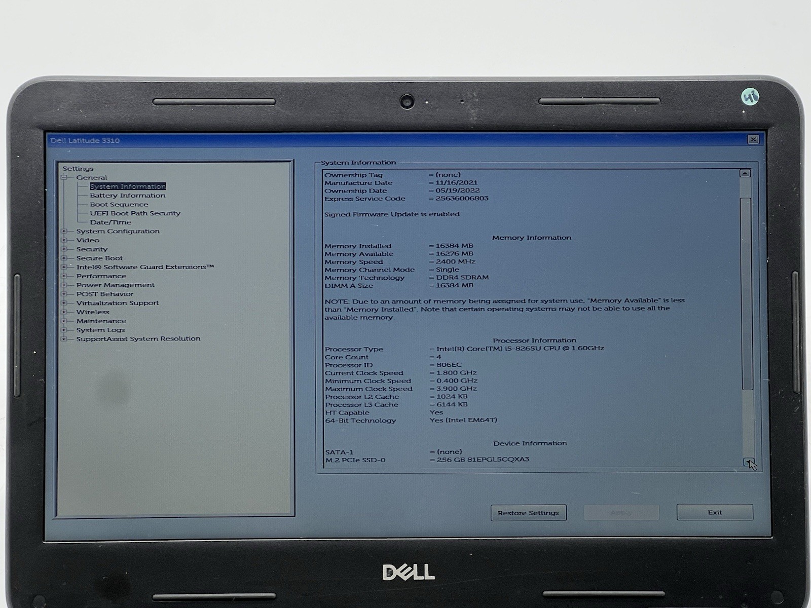 Dell Latitude 3310, i5-8265U CPU, @ 1.60GHz, 16GB RAM, 256GB NVMe-No OS/Adapter