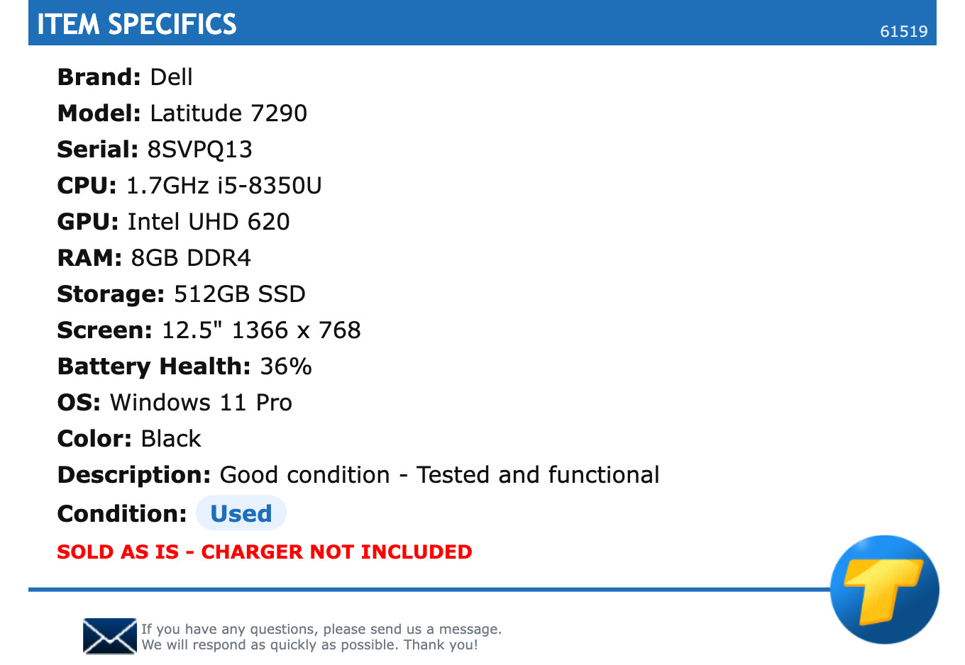 Dell Latitude 7290 – 12.5″ HD, 1.7GHz i5, 8GB RAM, 512GB SSD, Windows 11 Pro