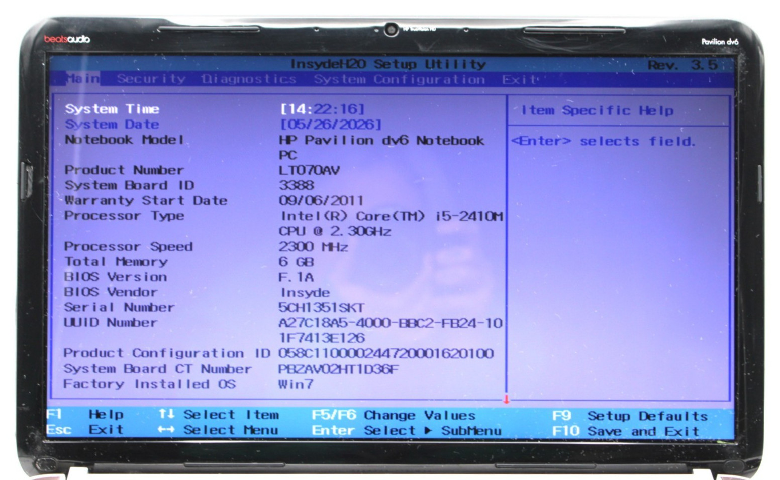 HP Dv6 i5-2410M@2.3GHz 6GB DDR3 256GB SATA 2.5 SSD NO OS *USED/TESTED*